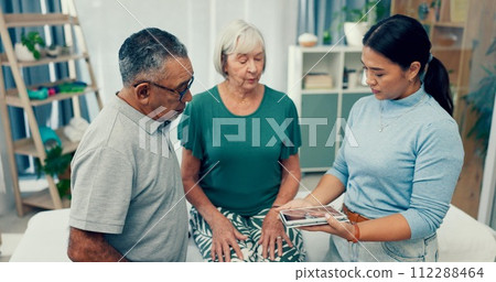 Senior, physiotherapy and couple with doctor and tablet for a consultation and retirement healthcare. Rehabilitation, patient and woman speaking to a physiotherapist with tech for medical advice Senior, physiotherapy and couple with doctor and tablet for a consultation and retirement healthcare. Rehabilitation, patient and woman speaking to a physiotherapist with tech for medical advice 112288464