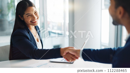 Business people, smile and handshake for deal, agreement and partnership negotiation in office. Shaking hands, contract and recruitment, hiring offer and b2b collaboration of consultant in meeting 112288465