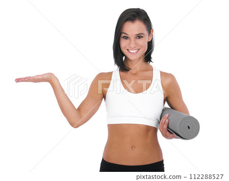 Happy woman, portrait and yoga with palm for advertising, marketing or fitness in workout exercise on a white studio background. Female person or yogi with hand out for health and wellness on mockup 112288527