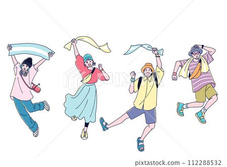 Four men and women jumping while waving towels 112288532