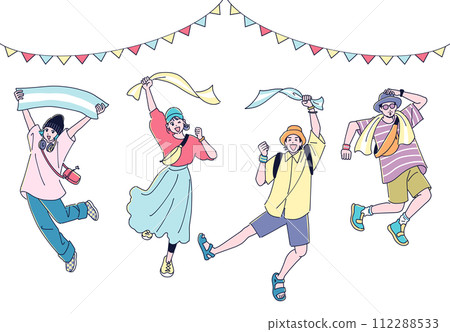 Four men and women jumping while waving towels 112288533