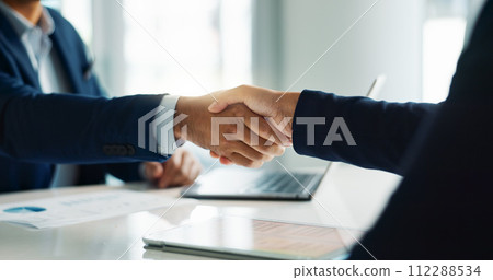 Business people, closeup and handshake for deal, agreement and partnership negotiation in office. Shaking hands, contract and hiring offer for recruitment, interview and financial analyst in meeting 112288534