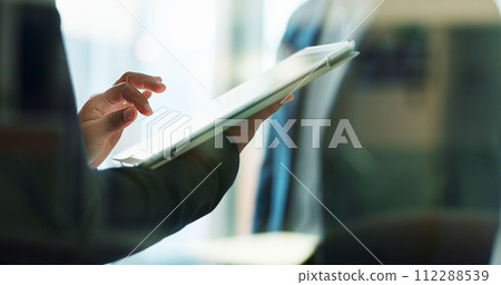 Closeup, hands or businesswoman with tablet or research for blog, post or networking in office. Digital agency, tech startup or social media manager typing online or planning for update in meeting 112288539