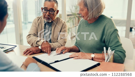 Conversation, lawyer or old couple with will, contract or document for retirement funding or life insurance. Plan, advisor or married elderly clients with legal form or title deed agreement with help Conversation, lawyer or old couple with will, contract or document for retirement funding or life insurance. Plan, advisor or married elderly clients with legal form or title deed agreement with help 112288568