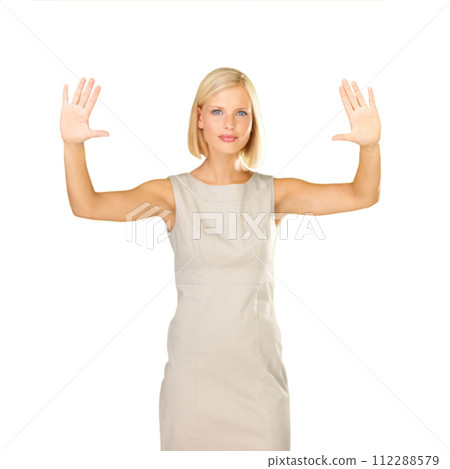 Hands, stop and portrait of woman in studio with warning, boundaries or security on white background. Protest, palm and face of female model with emoji sign for no, wait or back up, threat or order 112288579