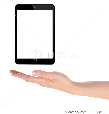 Hand, tablet and screen on display in studio, social media and product placement on white background. Person, tech and web or networking on mockup space, app and internet or online for advertising 112288580