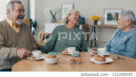 Discussion, coffee and senior friends in living room of nursing home for communication. Smile, conversation and group of elderly people in retirement talking, bonding and drinking cappuccino at house Discussion, coffee and senior friends in living room of nursing home for communication. Smile, conversation and group of elderly people in retirement talking, bonding and drinking cappuccino at house 112288585