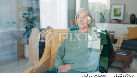 Thinking, memory and serious old woman in living room at home on sofa, depression and lonely in retirement. Nostalgia, remember and elderly person with anxiety, dream and vision by apartment window 112288599