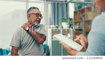Tablet physiotherapy and senior patient for consultation with shoulder pain, injury and assessment in office. Doctor, physiotherapist and elderly man with muscle help, service and digital technology 112288608