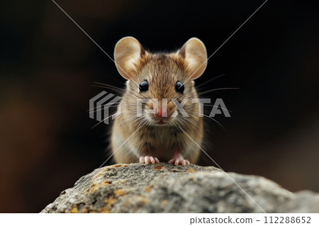 Small mouse with black eyes sits on rock. Generative AI Small mouse with black eyes sits on rock. Generative AI 112288652