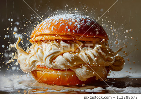 Image of burger with dripping milk and frosting on it. Generative AI 112288672