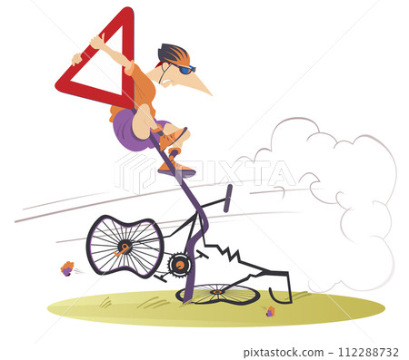 Bicycle accident. Crash. Traffic accident. Cyclist smashed into a road sign Bicycle accident. Crash. Traffic accident. Cyclist smashed into a road sign 112288732