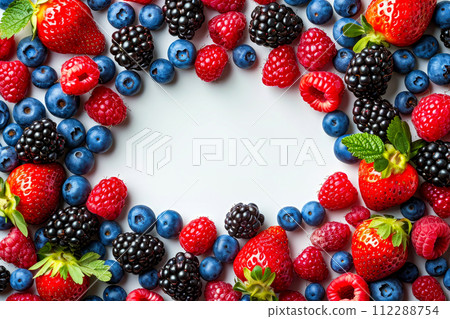 Group of assorted berries arranged in circle. Generative AI 112288754