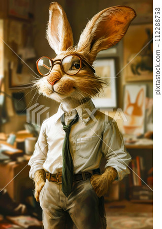Rabbit wearing glasses tie and white dress shirt stands in art room. Generative AI 112288758