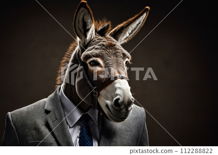 Donkey wearing suit and tie has harness on its head. Generative AI 112288822