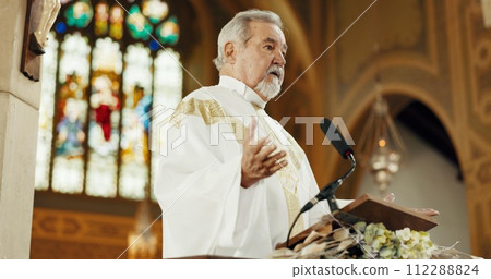 Religion, priest and man preaching in church for sermon, heaven and gospel of God. Senior pastor, spiritual leadership and speech for worship, holy spirit and community prayer service of Jesus Christ 112288824