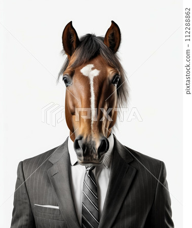Man in suit with striped tie and horse head photoshopped onto his body. Generative AI 112288862