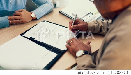 Hands, lawyer or man with contract for signature, application and writing on document of insurance or legal paperwork. Attorney or notary with client for agreement of document, policy or title deed Hands, lawyer or man with contract for signature, application and writing on document of insurance or legal paperwork. Attorney or notary with client for agreement of document, policy or title deed 112288873