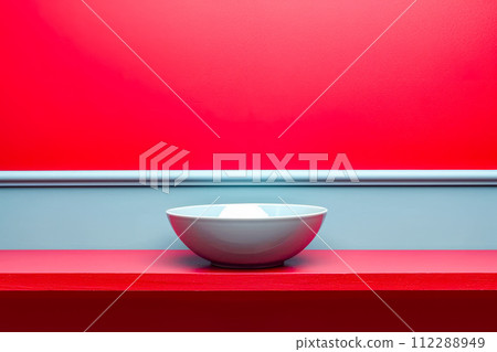 White bowl sits on ledge in front of pink wall. Generative AI 112288949