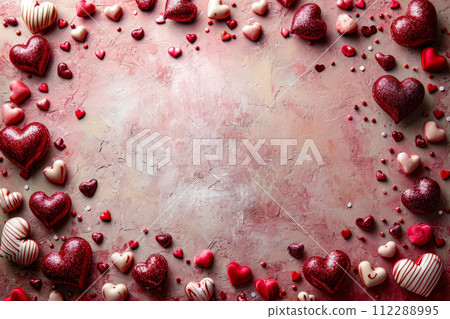 Pink background covered in hearts that are either real or made of frosting. Generative AI 112288995