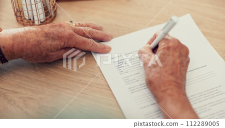 Hands, medical or person with contract to sign on application or documents for life insurance. Pov closeup, survey questions or pen writing for compliance, form consent or healthcare agreement info 112289005