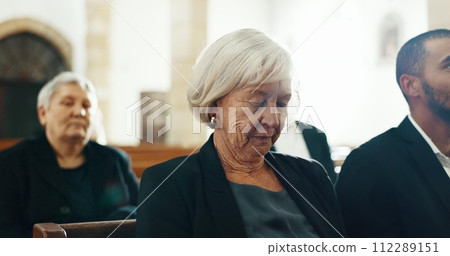 Senior woman, church and sign of cross for faith, prayer and religion with community, service and retirement. Christian people, icon and ritual at temple, sermon or funeral for connection to Jesus 112289151