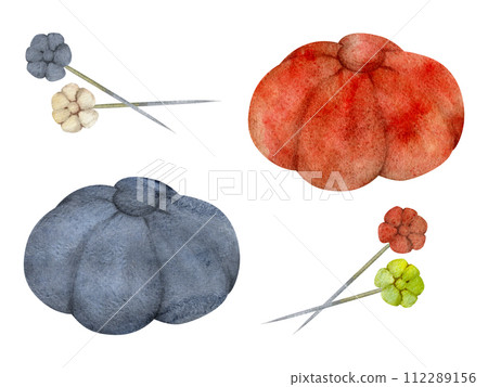 Hand drawn watercolor illustration sewing craft embroidery mending supplies. Red indigo pin cushion with flower pins needles. Composition isolated white background. Design atelier, tailor, hobby shop Hand drawn watercolor illustration sewing craft embroidery mending supplies. Red indigo pin cushion with flower pins needles. Composition isolated white background. Design atelier, tailor, hobby shop 112289156