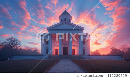 Person Standing in Front of Church With Sunset in Background Person Standing in Front of Church With Sunset in Background 112289229