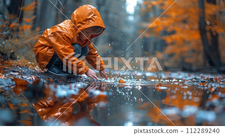 Child in Orange Raincoat Playing in Puddle 112289240