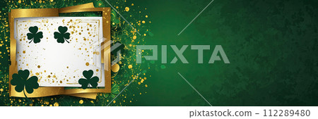 St. Patrick's Day holiday invitation with a place for text in a frame, a postcard with a green four-leaf clover. Banner, St. Patrick's background. AI generated 112289480