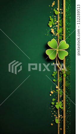 St. Patrick's Day holiday invitation with a place for text in a frame, a postcard with a green four-leaf clover. Banner, St. Patrick's background. AI generated St. Patrick's Day holiday invitation with a place for text in a frame, a postcard with a green four-leaf clover. Banner, St. Patrick's background. AI generated 112289513