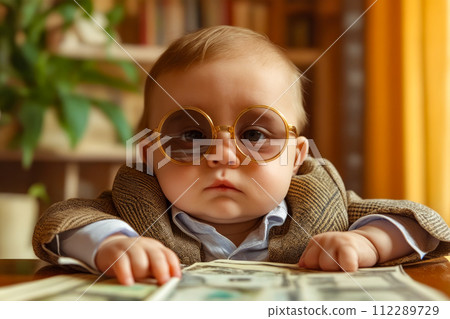 Baby wearing glasses and suit. Generative AI Baby wearing glasses and suit. Generative AI 112289729