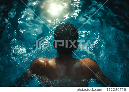 Man is swimming in pool with his head above water looking towards the sun. Generative AI 112289756