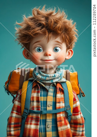 Cartoon character with red hair and backpack on his back. Generative AI 112289784