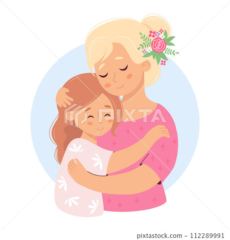 Happy blonde woman mother hugs her daughter. Vector illustration flat cartoon style. Cute holiday female character. Happy blonde woman mother hugs her daughter. Vector illustration flat cartoon style. Cute holiday female character. 112289991