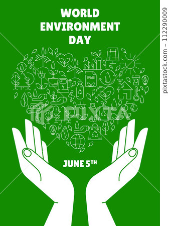 World Environment Day green poster, eco friendly heart with ecological line icons in hands. Recycling sustainability, renewable energy, net zero emissions by 2050. For flyer, banner, cover. 112290009