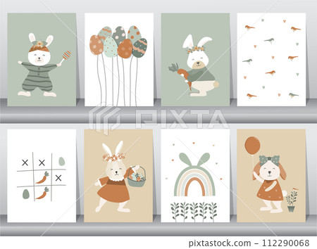 Happy Easter Set of banners, greeting cards, posters, holiday ,graphic elements. Holiday covers, posters, banners. Cartoon flat. vector illustration. 112290068