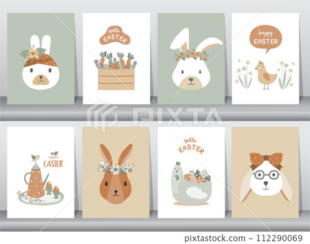 Happy Easter Set of banners, greeting cards, posters, holiday ,graphic elements. Holiday covers, posters, banners. Cartoon flat. vector illustration. 112290069