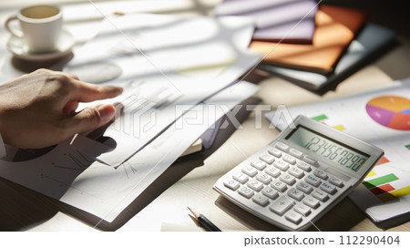 Desk with calculators for calculating, managing and analyzing economic profits and losses. 112290404