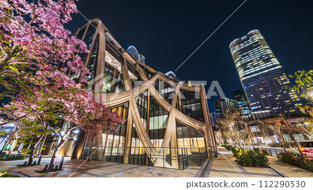 麻布台丘陵的城市夜景、燈火通明的河津櫻花和建築物[東京都港區] 112290530