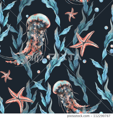 Underwater world clipart with sea animals jellyfish, starfish, bubbles and algae. Hand drawn watercolor illustration. Seamless pattern on a dark background. Underwater world clipart with sea animals jellyfish, starfish, bubbles and algae. Hand drawn watercolor illustration. Seamless pattern on a dark background. 112290787