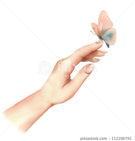 White woman's hand, palm side view, touching a delicate peach fuzz butterfly. Hand drawn watercolor illustration. Composition isolated from the background. 112290791