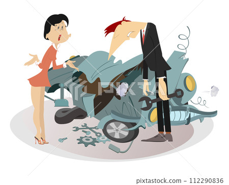 Sad man, angry woman and broken car illustration. Upset woman asks the man to do something with the broken car isolated on white Sad man, angry woman and broken car illustration. Upset woman asks the man to do something with the broken car isolated on white 112290836