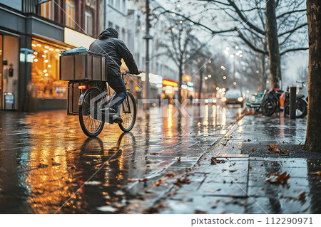 Back view of a delivery cyclist with a cargo box on the rear rack cycling in the rain in the city 112290971