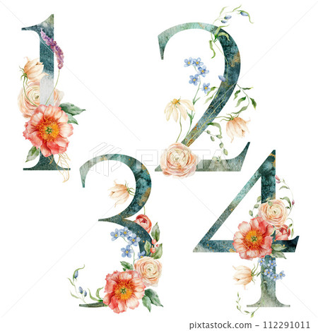 Watercolor floral numbers set of 1, 2, 3, 4 with flowers. Hand painted symbols of peony, ranunculus and daisy isolated on white background. Holiday Illustration for design, print or background. Watercolor floral numbers set of 1, 2, 3, 4 with flowers. Hand painted symbols of peony, ranunculus and daisy isolated on white background. Holiday Illustration for design, print or background. 112291011