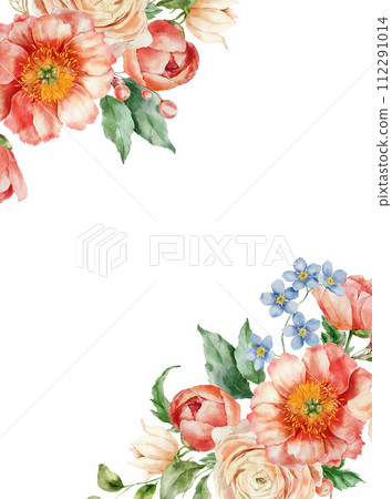 Watercolor card of flowers bouquet with ranunculus, peony and leaves. Hand painted card of floral elements isolated on white background. Holiday Illustration for design, print or background. 112291014