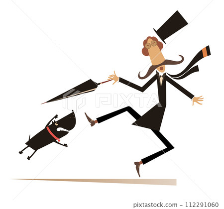 Cartoon aggressive dog and frightened man illustration. Mustache man in the top hat tries to protect himself from aggressive dog by umbrella isolated on white illustration Cartoon aggressive dog and frightened man illustration. Mustache man in the top hat tries to protect himself from aggressive dog by umbrella isolated on white illustration 112291060