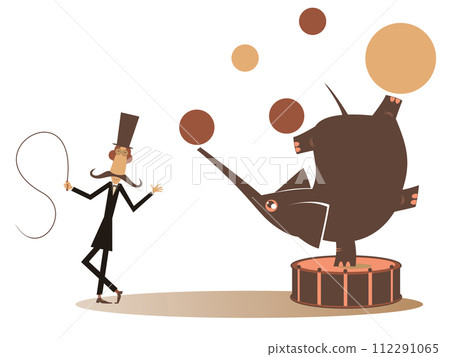 Tamer and elephant in the circus illustration. Cartoon tamer and cute elephant balances on the drum and juggles balls isolated on white background Tamer and elephant in the circus illustration. Cartoon tamer and cute elephant balances on the drum and juggles balls isolated on white background 112291065