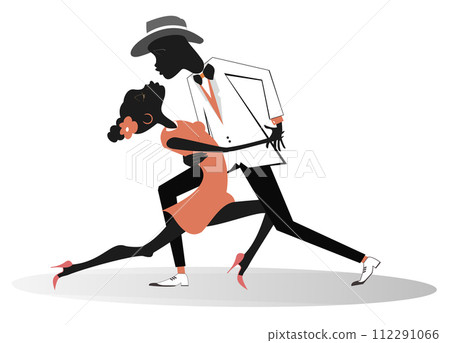 Romantic dancing young African couple illustration. Funny dancing young African man and woman isolated on white background 112291066