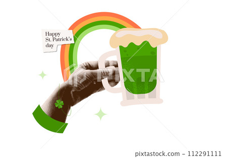 Halftone mixed media collage with hand holding beer mug with the rainbow over. Isolated y2k zine style card concept. Halftone mixed media collage with hand holding beer mug with the rainbow over. Isolated y2k zine style card concept. 112291111